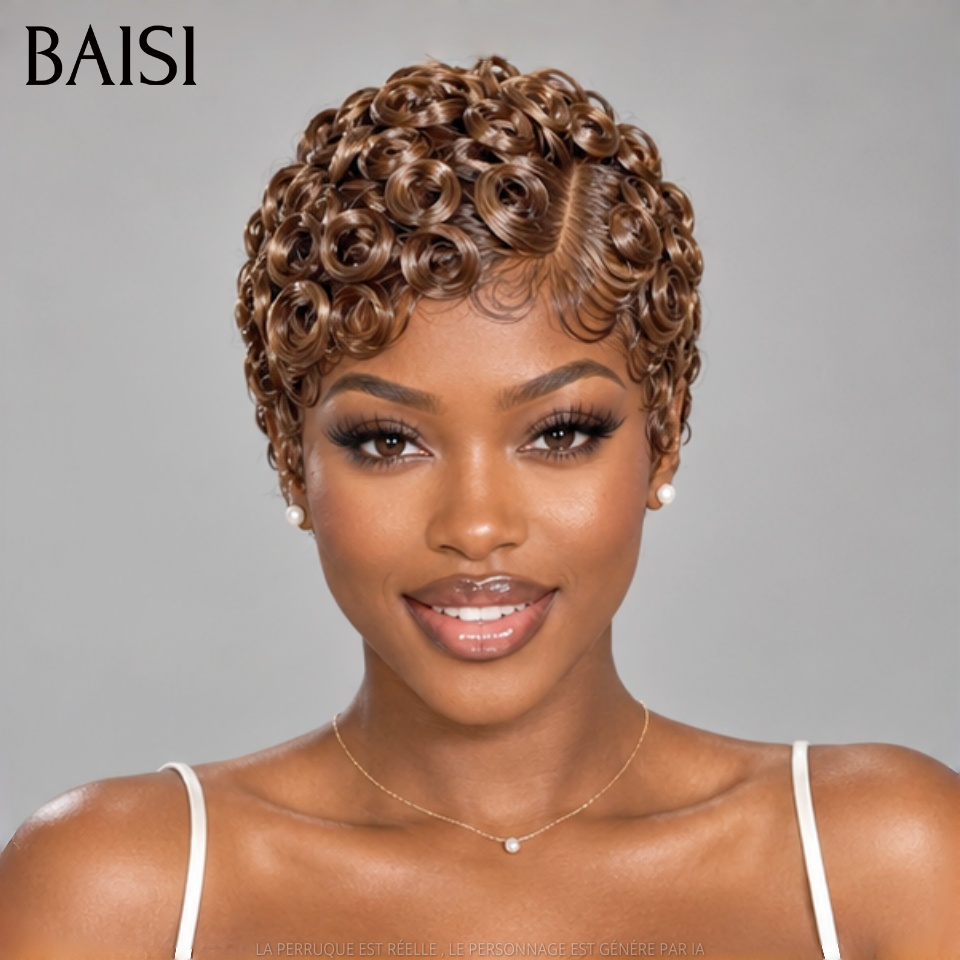 BAISI 13x4 Lace Perruque Pixie Curly Wave 79€ Couleur Marron #4 Nouveautés 2026 en 100% Cheveux humains
