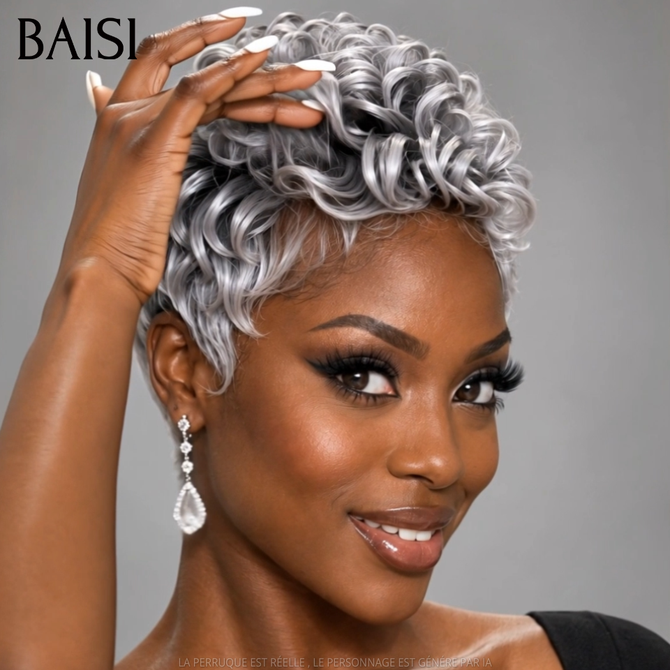 BAISI Perruque Pixie Wave Courte Couleur Gris# 89€ Sans Colle Sans Lace Pratique Au Quotidien de Grand Mère en 100% Cheveux humains