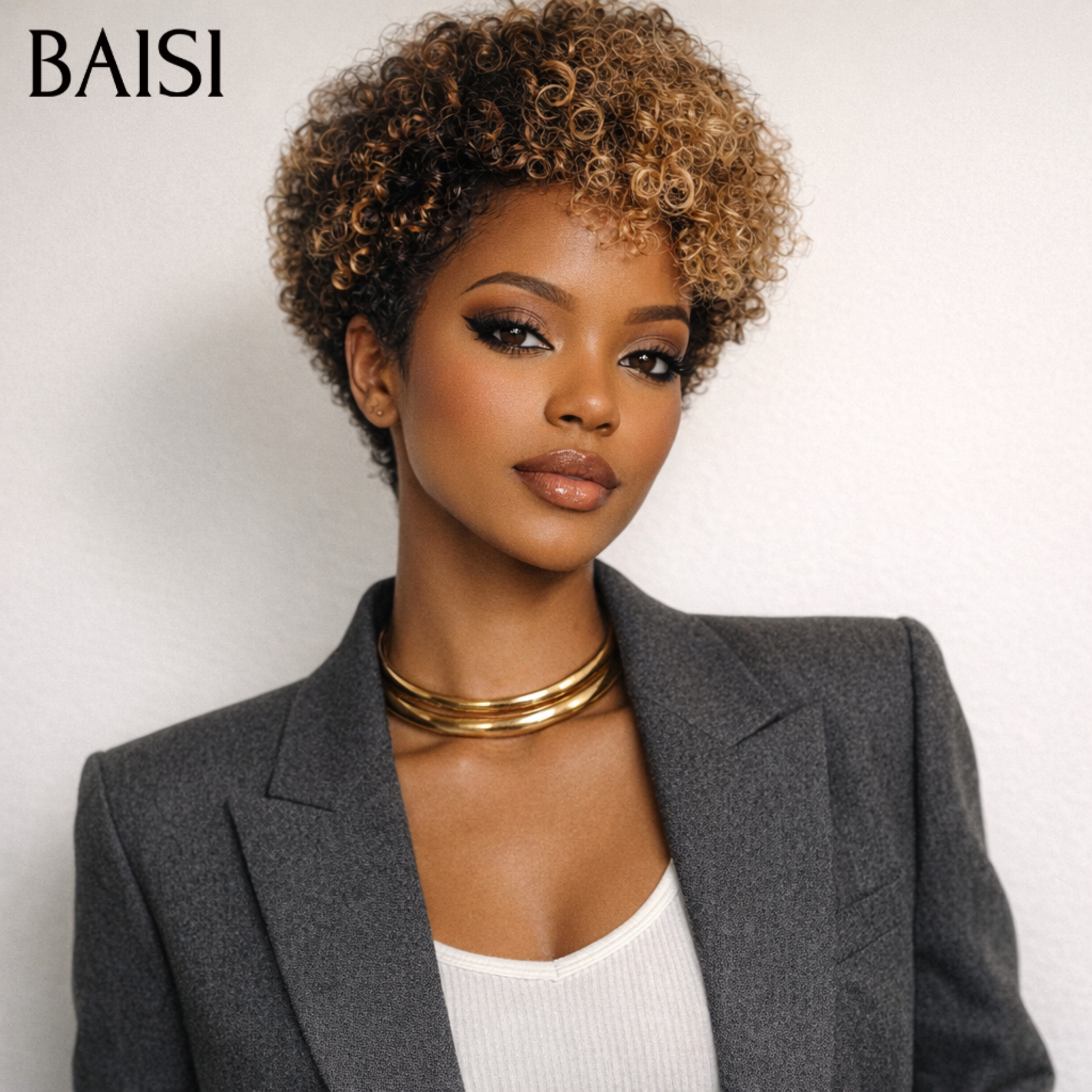BAISI Perruque Pixie 68€ sans Colle curly wave En Couleur Mixte Miel en 100% Cheveux Humains C