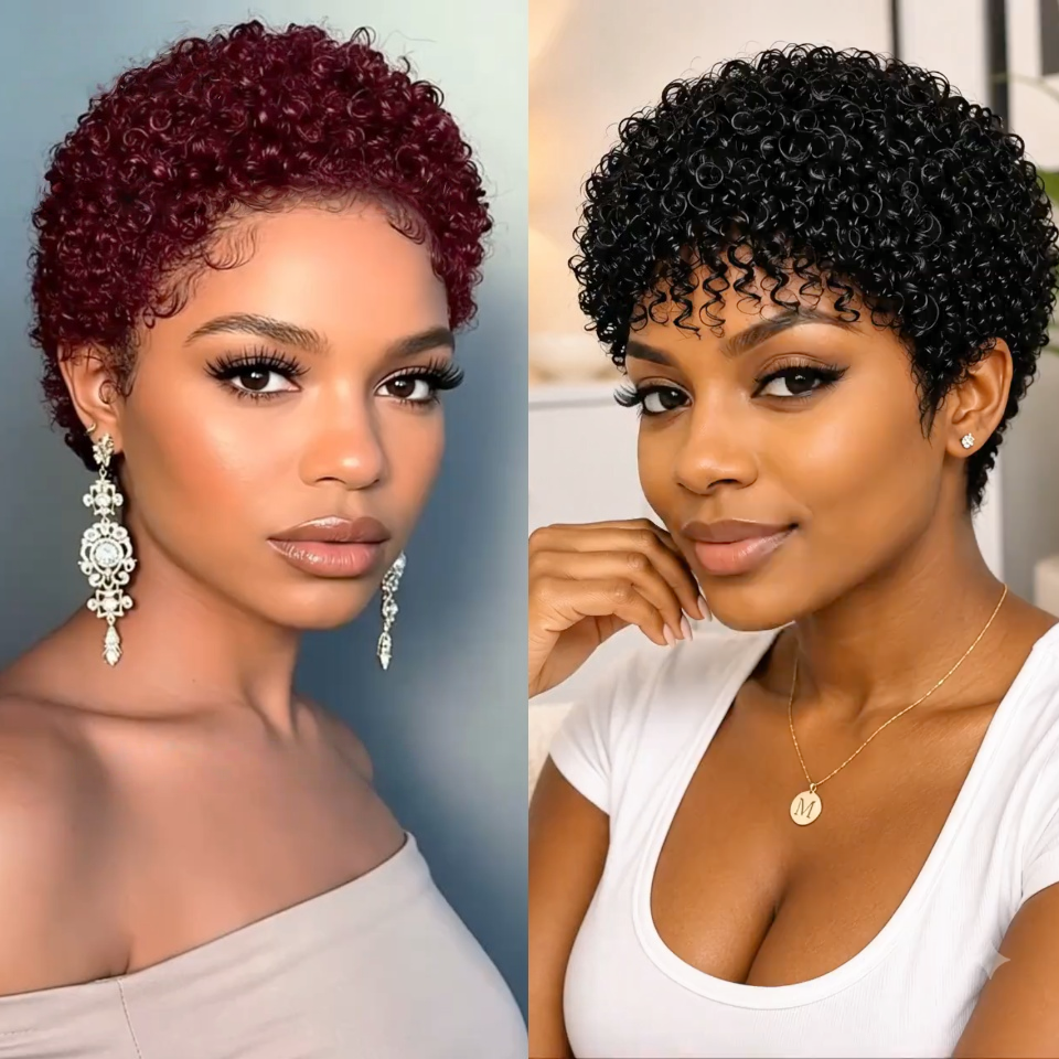BAISI Lot de Perruque Achetez 2 Gagnez 3 = 69€ Ou 4 perruques 89€ pixie Lisse et finger wave Mixte Miel Fabriqué à la Machine Facile à porter en 100% Cheveux Humains
