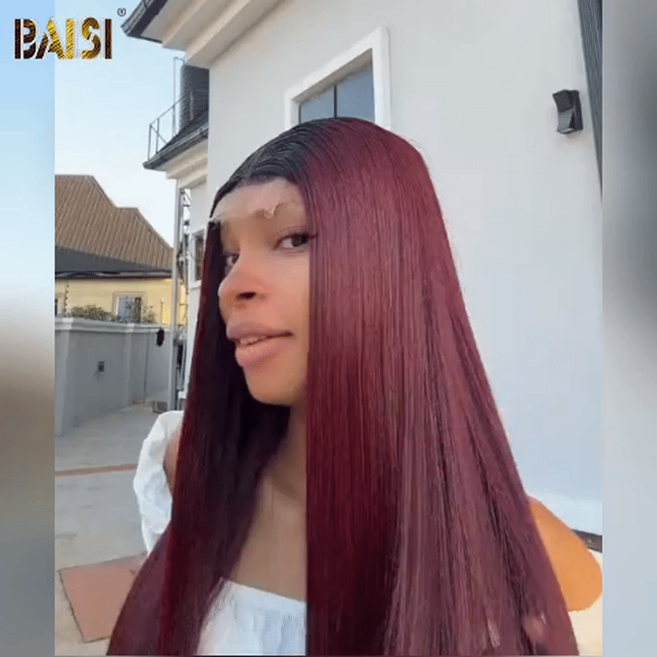BAISI Lace closure 4x4 Perruque Carré Lisse Noir Rouge Bordeaux 1B99J cheveaux vietnam hair double drawn bone straigth SDD