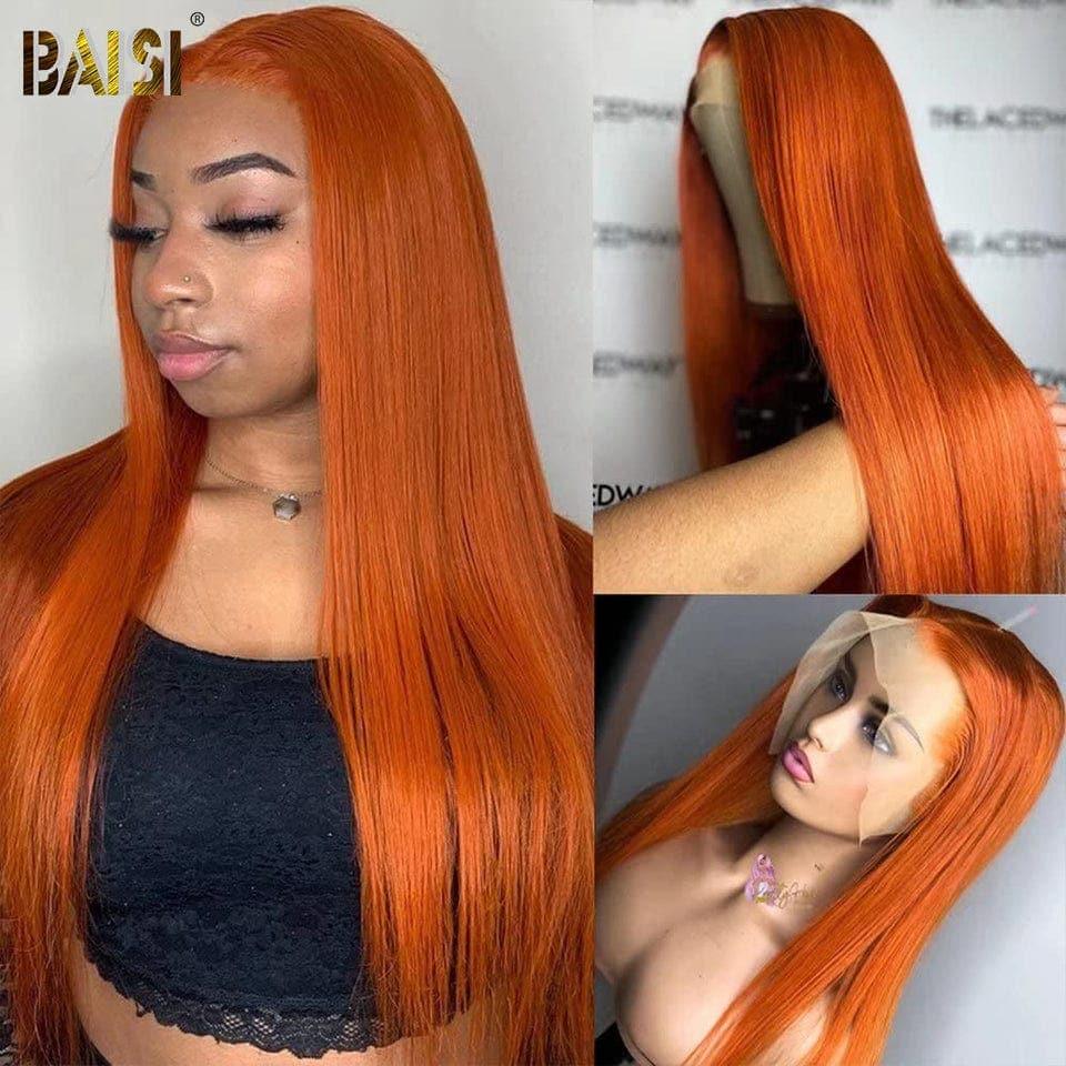 BAISI 13x4 Lace Frontal Perruque Lisse Orange en 100% Cheveux Humains