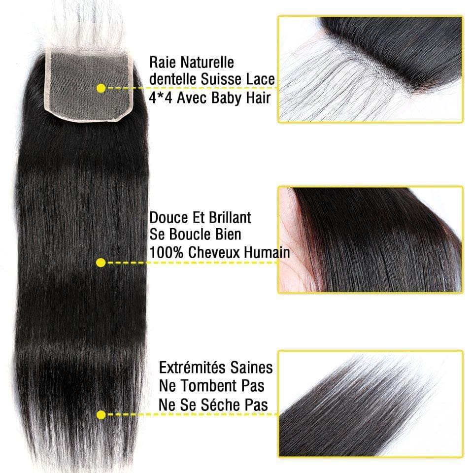 BAISI 4x4 Lace Closure Lisse Avec Les Petits Noeuds Blanchits