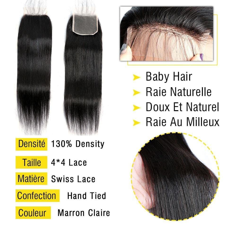 BAISI 4x4 Lace Closure Lisse Avec Les Petits Noeuds Blanchits