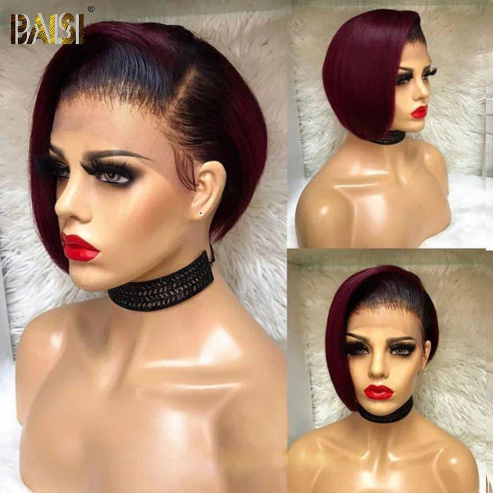 BAISI Perruque Pixie En Couleur Rouge Bordeaux avec Racine noir en 100% Cheveux Humains