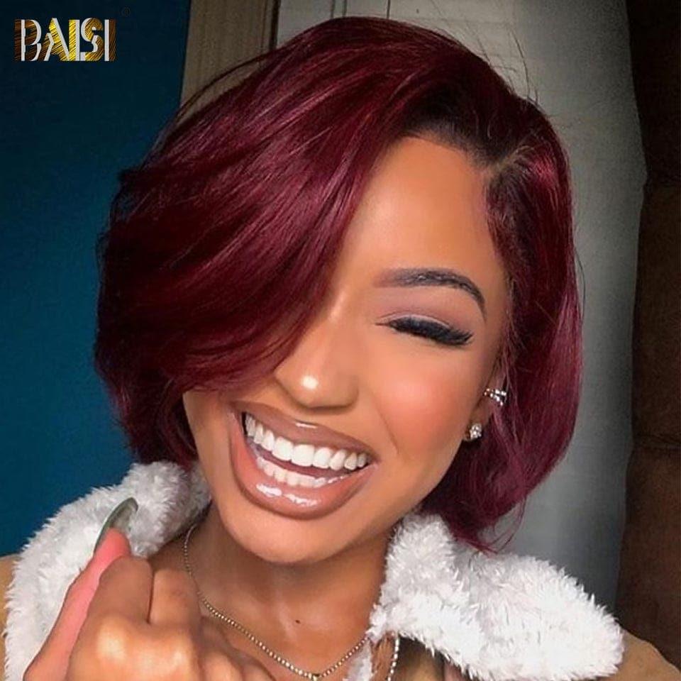 BAISI Perruque Pixie En Couleur Rouge Bordeaux avec Racine noir en 100% Cheveux Humains