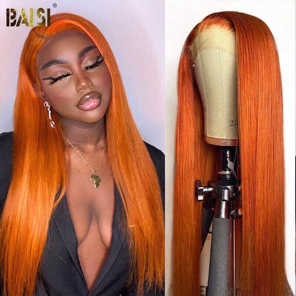 BAISI 13x4 Lace Frontal Perruque Lisse Orange en 100% Cheveux Humains