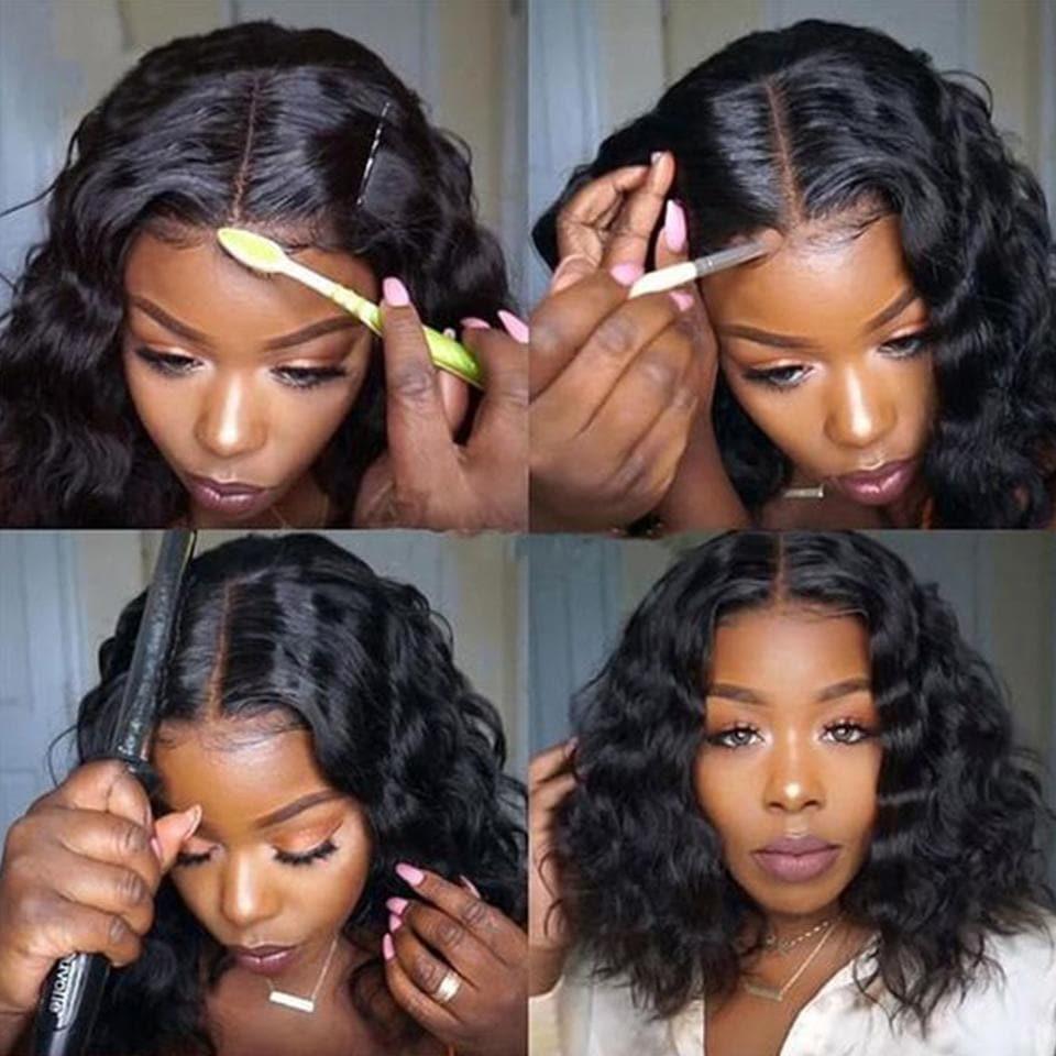 BAISI 13x4 Lace Frontal Perruque BOB Noir Body Wave Avec lace Frontal 13x1x6 En 100% Cheveux Naturels