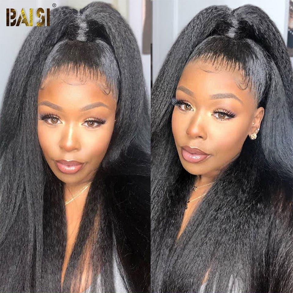BAISI 360 Lace Perruque Kinky Straight Yaki en Vrais Cheveux Humains Coiffure Chignion