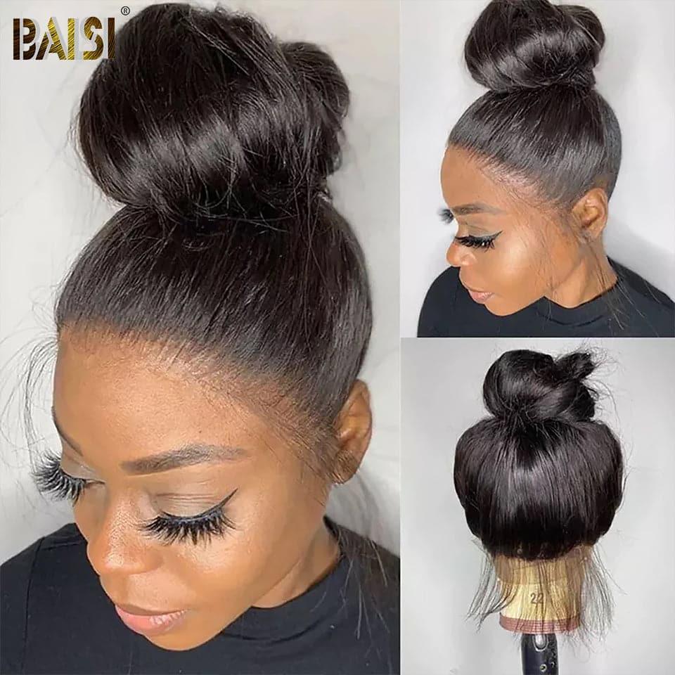 BAISI 360 Lace Perruque Lisse en Vrais Cheveux Humains Coiffure Chignion