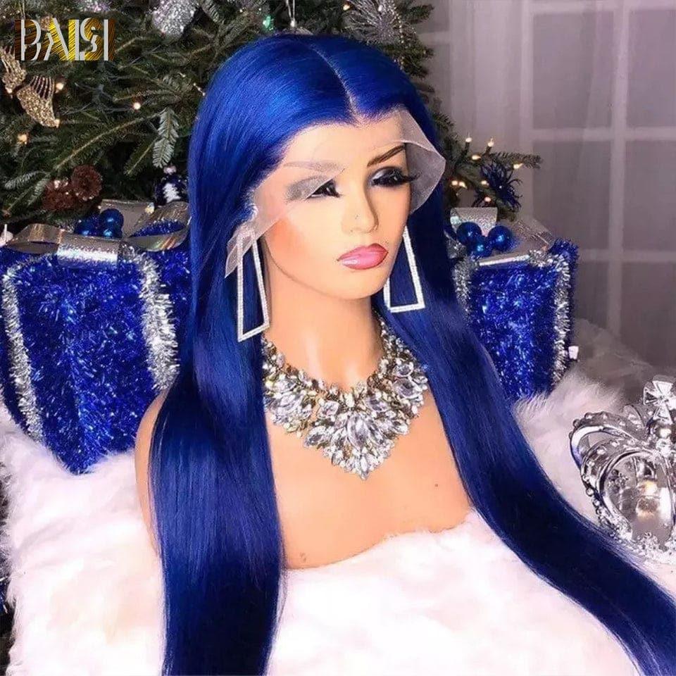 BAISI Achetez 2 perruques minimum au prix d'usine fournisseur 13x4 Lace Frontal Perruque Lisse Bleu Sans Colle Lace déjà couper Facile à Porter En 100% Cheveux Humains (Pas Besoin de Code)