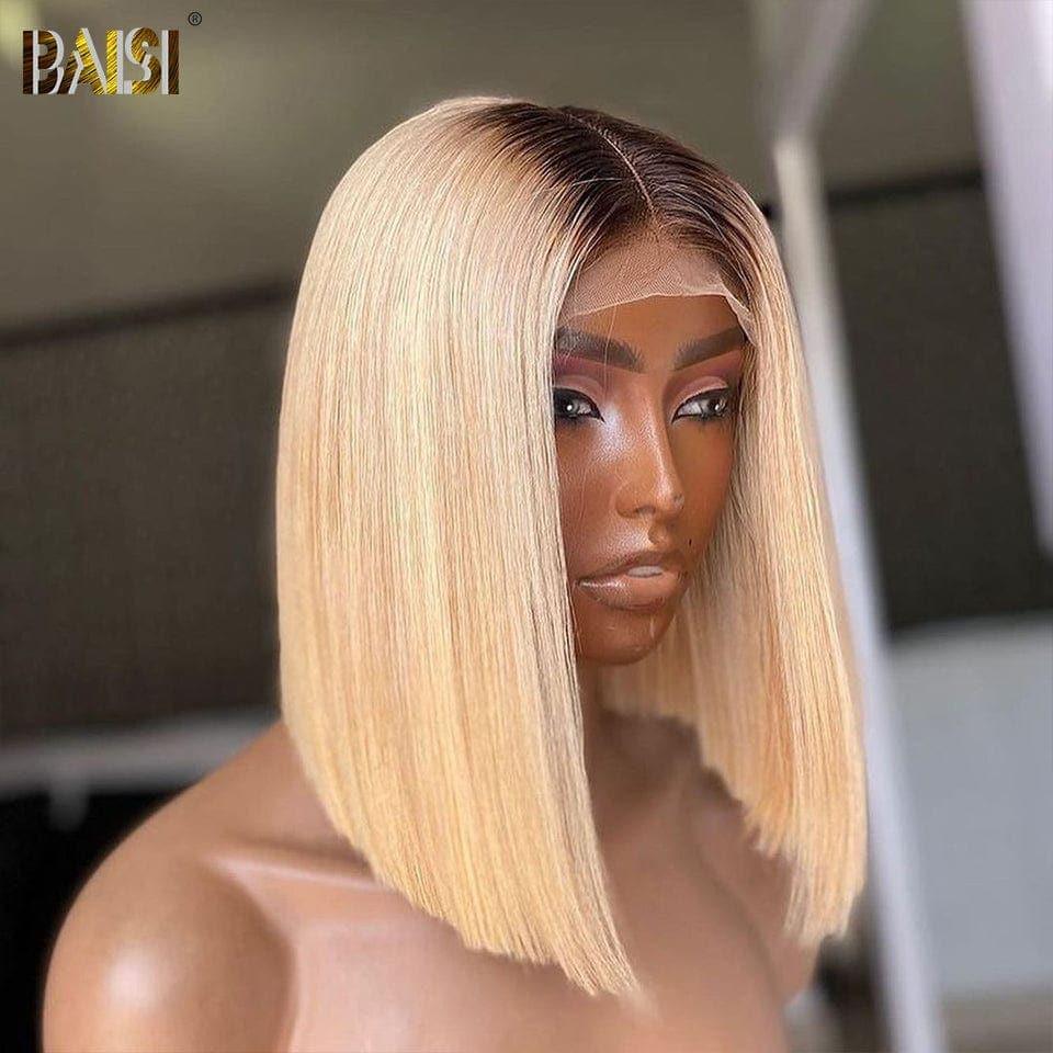 BAISI 13x4 Frontal Perruque Lisse En marron Blonde 4#613 Coupe Carrée En 100% Vrais Cheveux Humains
