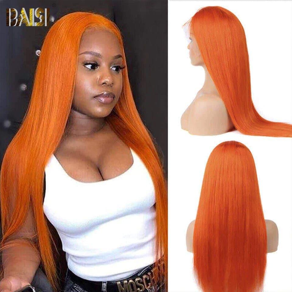 BAISI 13x4 Lace Frontal Perruque Lisse Orange en 100% Cheveux Humains