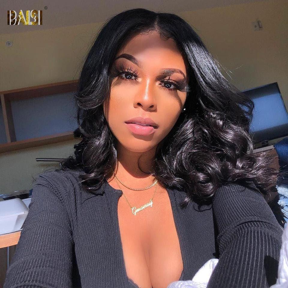 BAISI 13x4 Lace Frontal Perruque BOB Noir Body Wave Avec lace Frontal 13x1x6 En 100% Cheveux Naturels