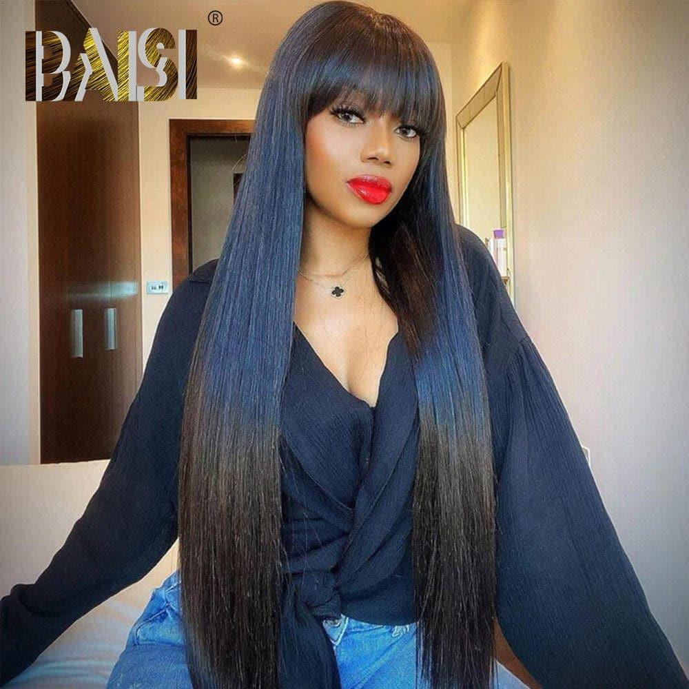 BAISI Peruca natural em lace frontal lisa com franja em 100% cabelo humano de boa qualidade