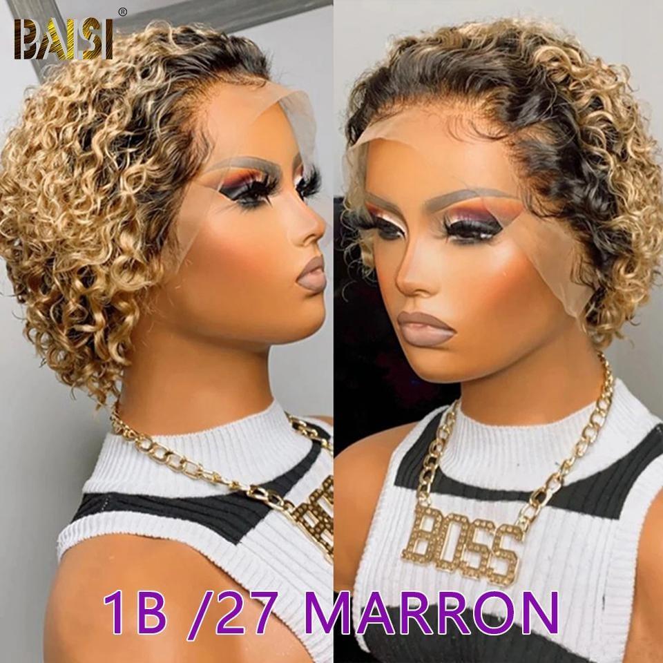 BAISI FLORENCE Perruque Pixie Cut Lace Frontal 13x4 Curly en 8 couleurs différentes en 100% Vrais Cheveux Humains