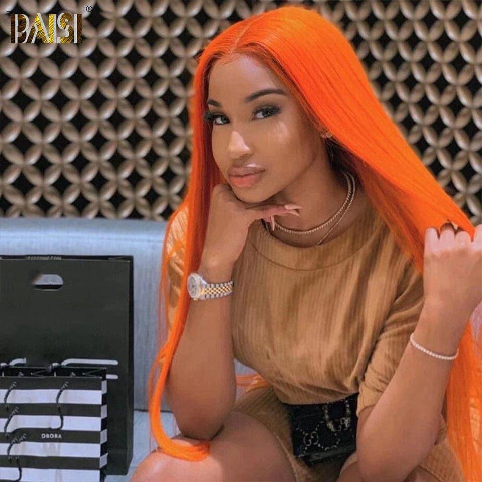 BAISI 13x4 Lace Frontal Perruque Lisse Orange en 100% Cheveux Humains