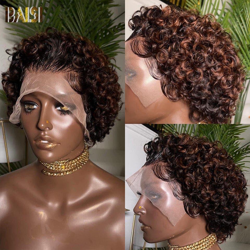 BAISI 13x4Lace frontal Parrucca pixie riccia ondulata colore Bordeaux o Marrone in 100% Capelli Veri Umani