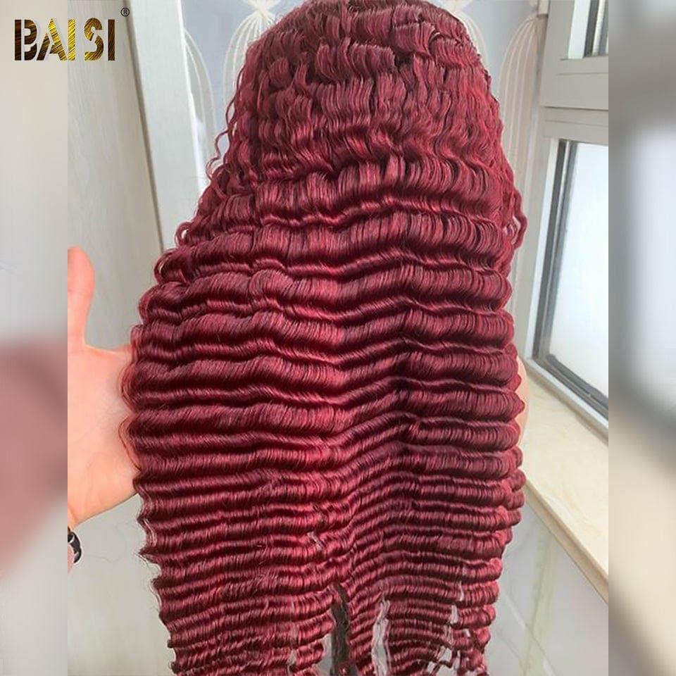 BAISI Compre 2 perucas no mínimo ao preço de fábrica do fornecedor em França IVA 0€ 48H chegada 13x4 Lace Frontal Peruca Deep Wave Vermelho Bordeaux Sem Cola Lace já cortada Fácil de Usar em 100% Cabelo Humano (Sem Código)