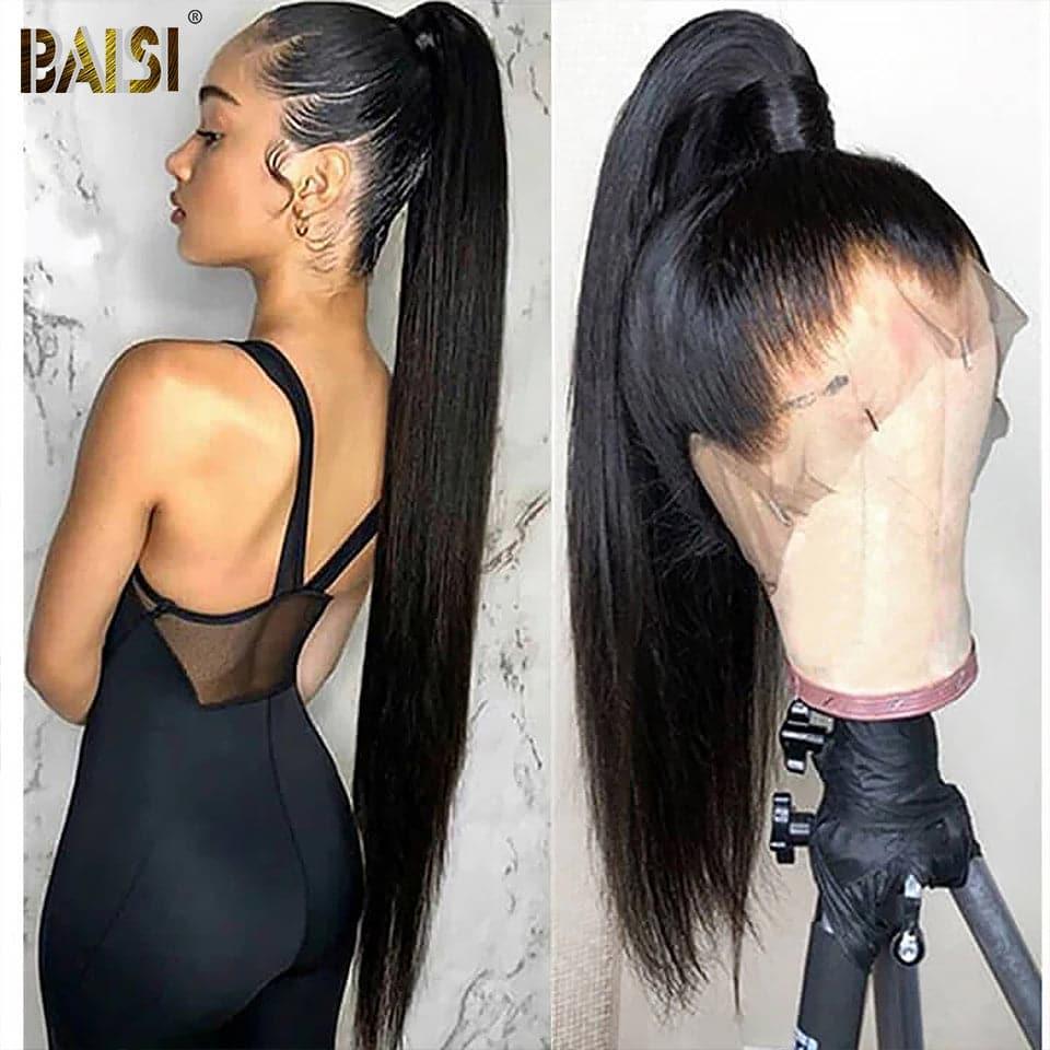 BAISI 360 Lace Perruque Lisse en Vrais Cheveux Humains Coiffure Chignion