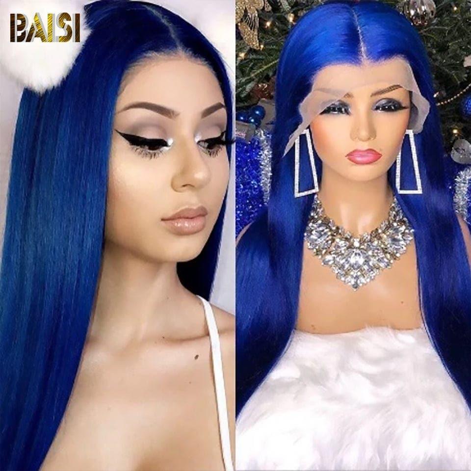 BAISI 13x4 Lace Frontal Perruque Lisse Bleu en 100% Cheveux Humains