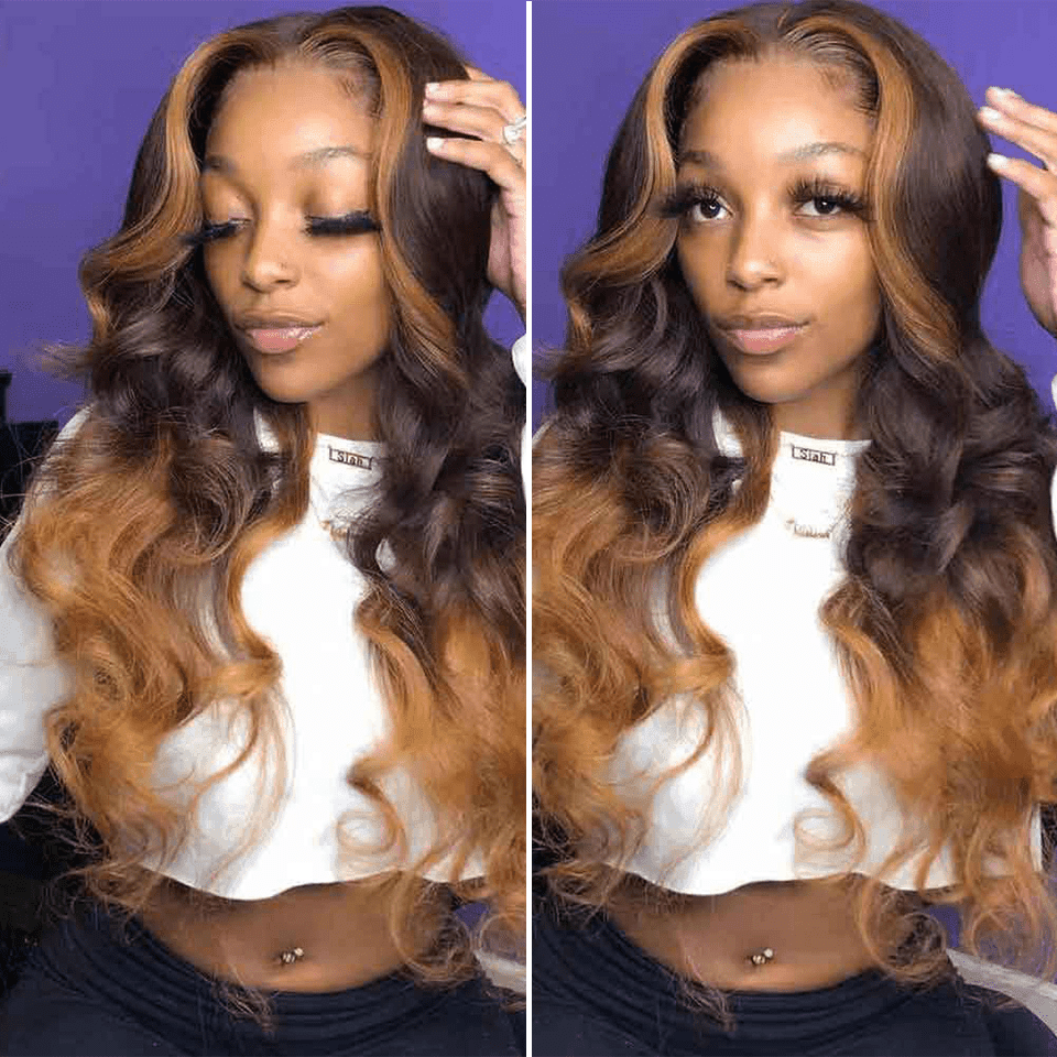 Perruque Lace Front Brésilienne Honey Blonde Ombre Brun Avec Highlight En Cheveux Humains PrePlucked Ondulée Body Wave