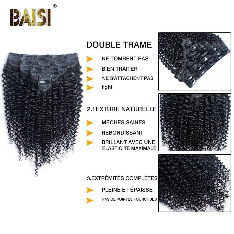BAISI Extensões com Clips Encaracoladas em 100% Cabelo Humano 8 Peças e 120G por Lote
