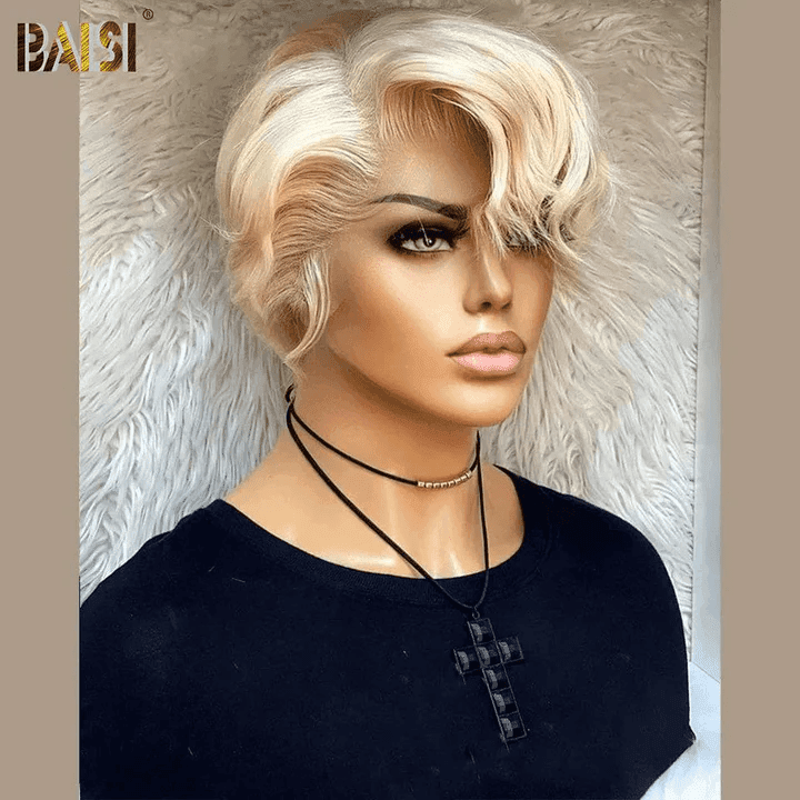 BAISI Achetez 2 perruques minimum au prix d'usine fournisseur Coupe Pixie bouclé En Marron Mixte Miel 100% Vrais Cheveux Humains (Pas Besoins De Code)