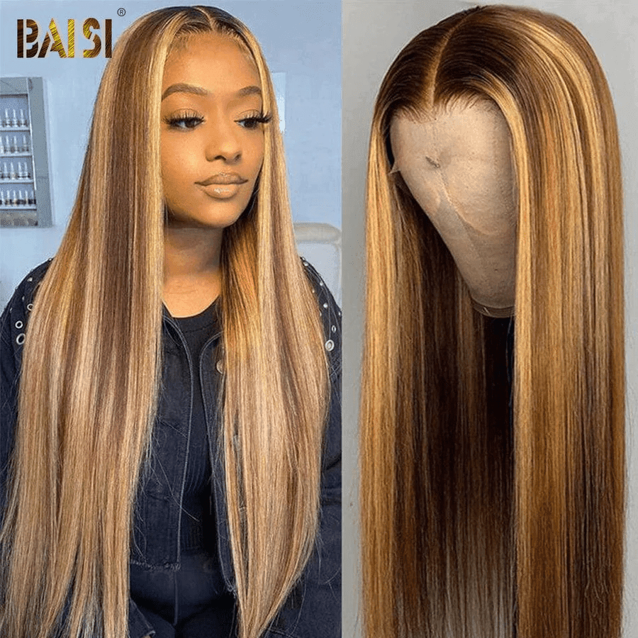 BAISI Achetez 2 perruques minimum au prix d'usine fournisseur en France TVA 0€ 48H arrivé 13x4 Lace Frontal Perruque Lisse Miel #4MIX#27 En 100% Cheveux Humains (Pas Besoin de Code)