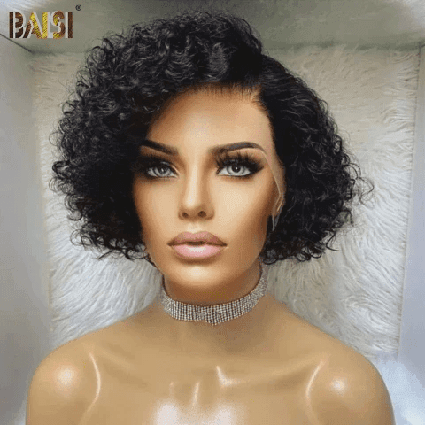 BAISI Perruque LACE FRONTALE pixie curly en 100% Vrais Cheveux Humains Noir