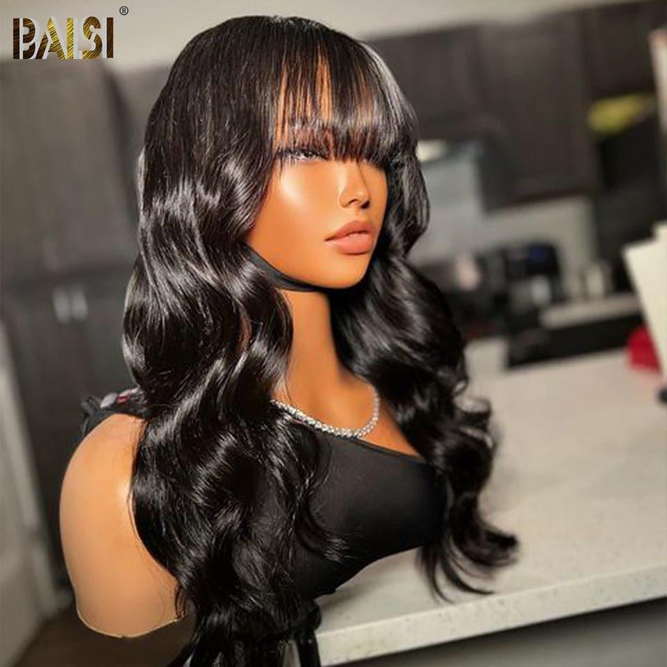 BAISI Perruque Naturelle En Lace Frontal Body Wave Avec Frange En 100% Cheveux Humains De Bonne Qualité