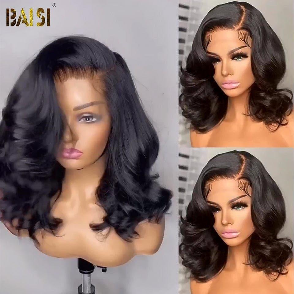 BAISI 13x4 Lace Frontal Perruque BOB Noir Body Wave Avec lace Frontal 13x1x6 En 100% Cheveux Naturels