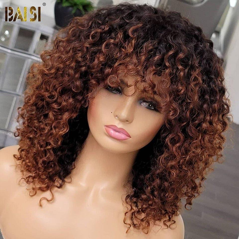 BAISI Achetez 2 perruques minimum au prix d'usine fournisseur Perruque T-part afro curly 18 Pouces ou Bob Bouclée Curly avec Frange en Noir Chataîn #1B#4 (Pas Besoins De Code)