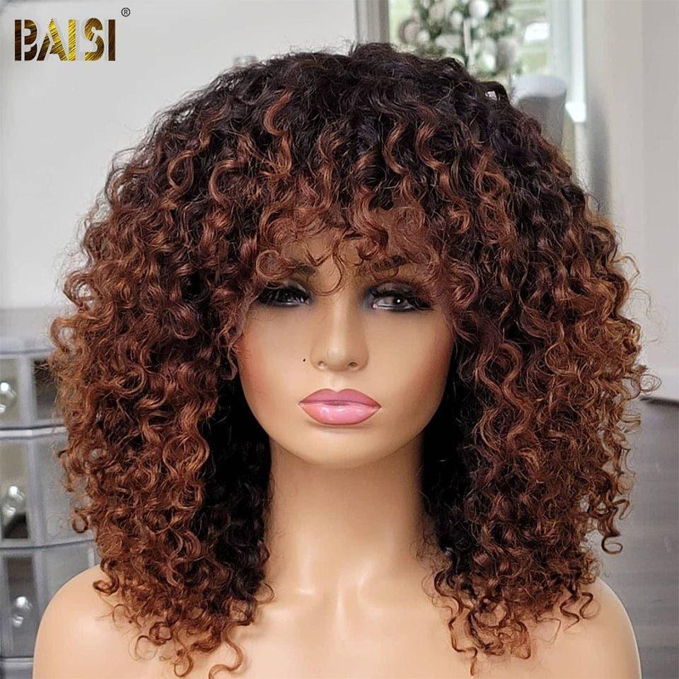 BAISI Achetez 2 perruques minimum au prix d'usine fournisseur Perruque T-part afro curly 18 Pouces ou Bob Bouclée Curly avec Frange en Noir Chataîn #1B#4 (Pas Besoins De Code)