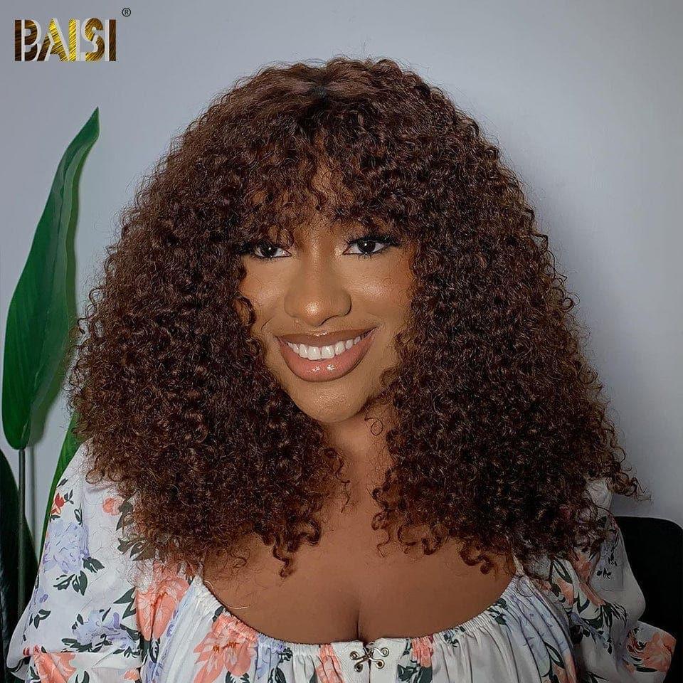 BAISI Peruca kinky curly com franja em castanho #4 em 100% cabelo humano verdadeiro