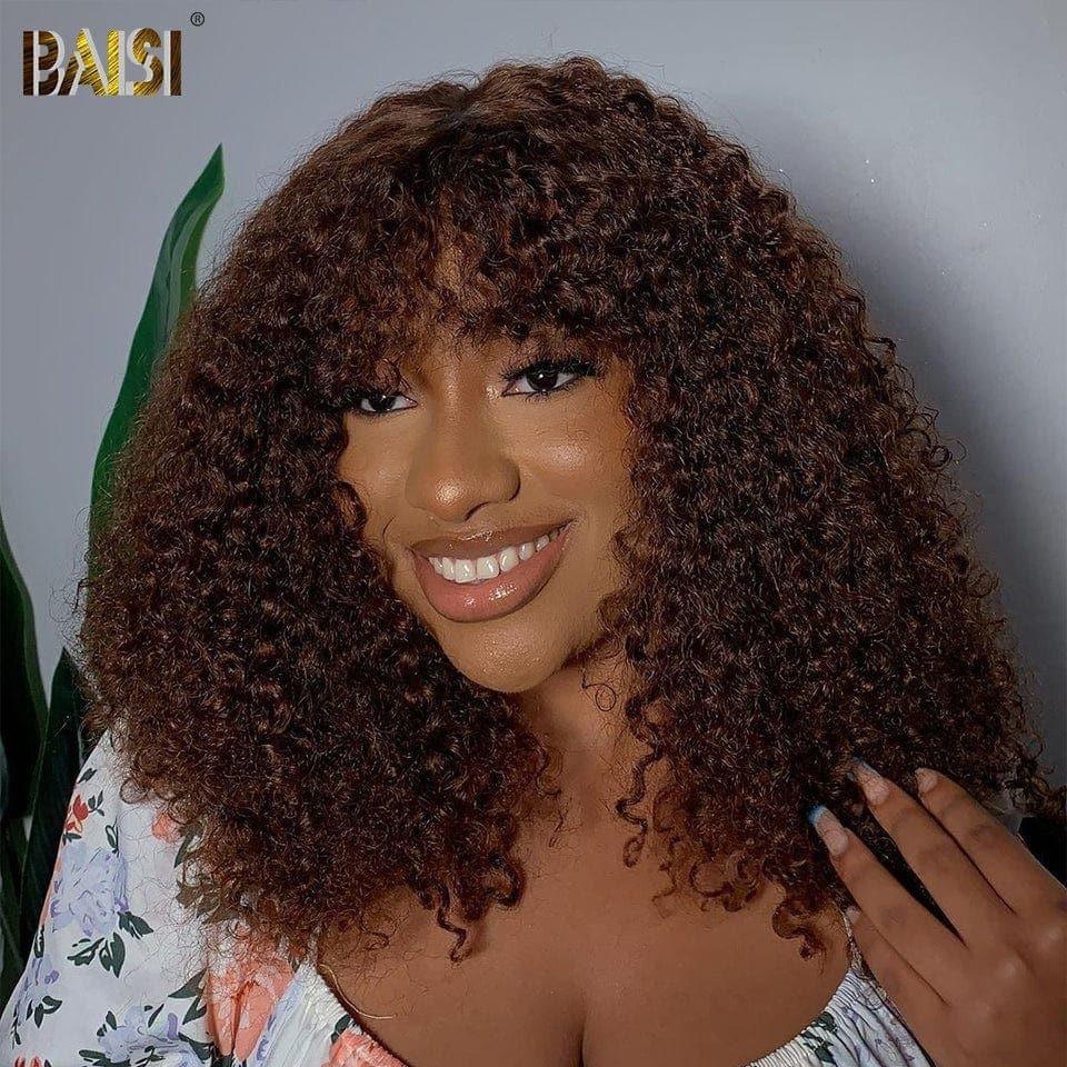 BAISI Peruca kinky curly com franja em castanho #4 em 100% cabelo humano verdadeiro