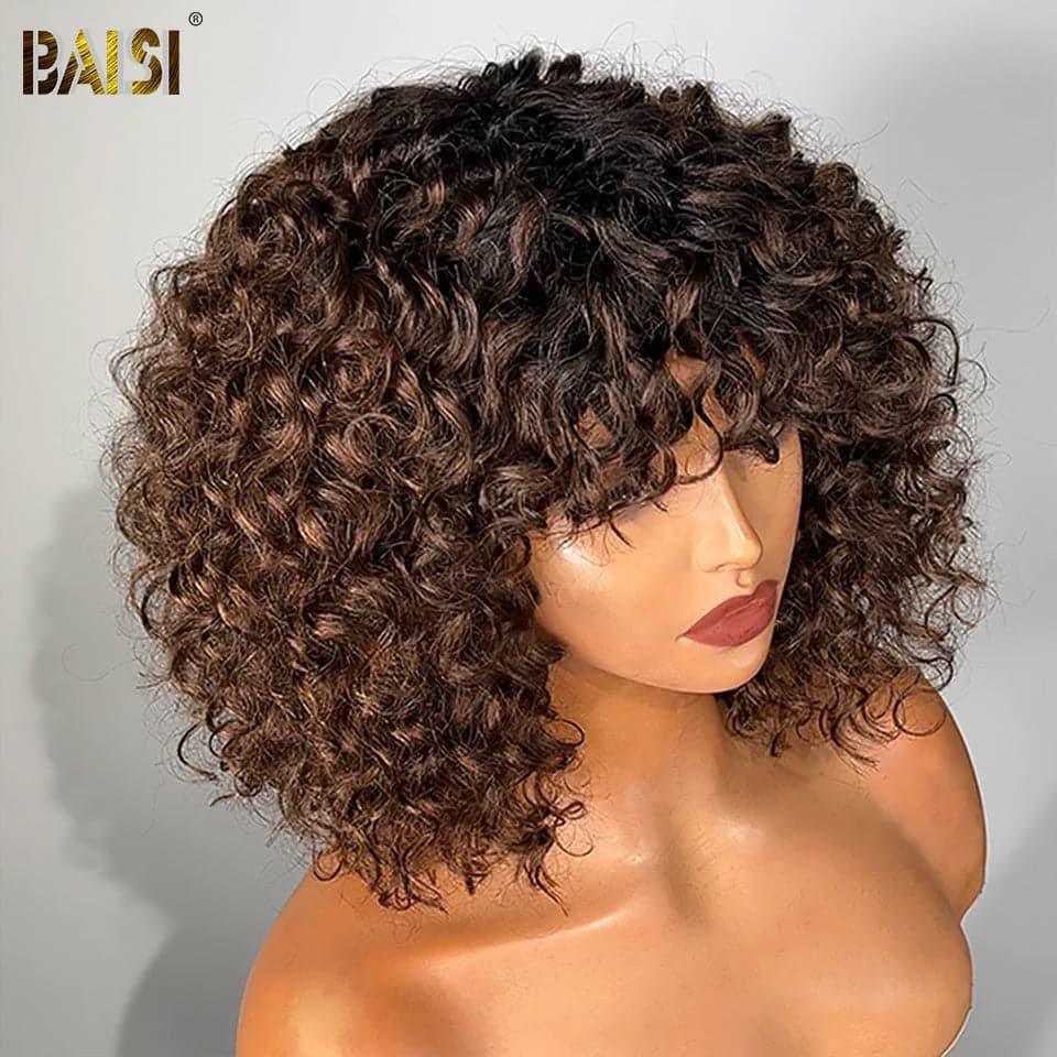 BAISI Achetez 2 perruques minimum au prix d'usine fournisseur Perruque Lisse avec Frange ou Curly Bouclée 1B#4 Avec Frange 1B#4 En 100% Cheveux Humains De Bonne Qualité (Pas Besoin de Code)