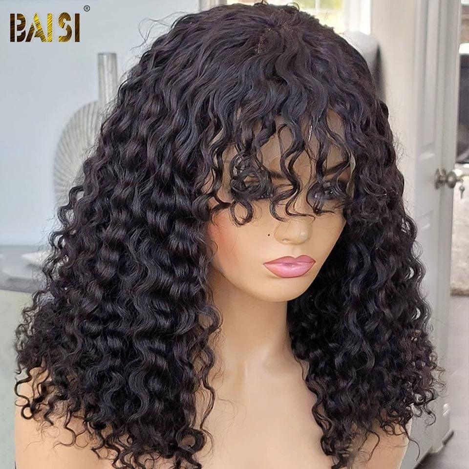 BAISI 4x4 closure perruque Deep Wave avec frange coupe chinoise en 100% cheveux humains