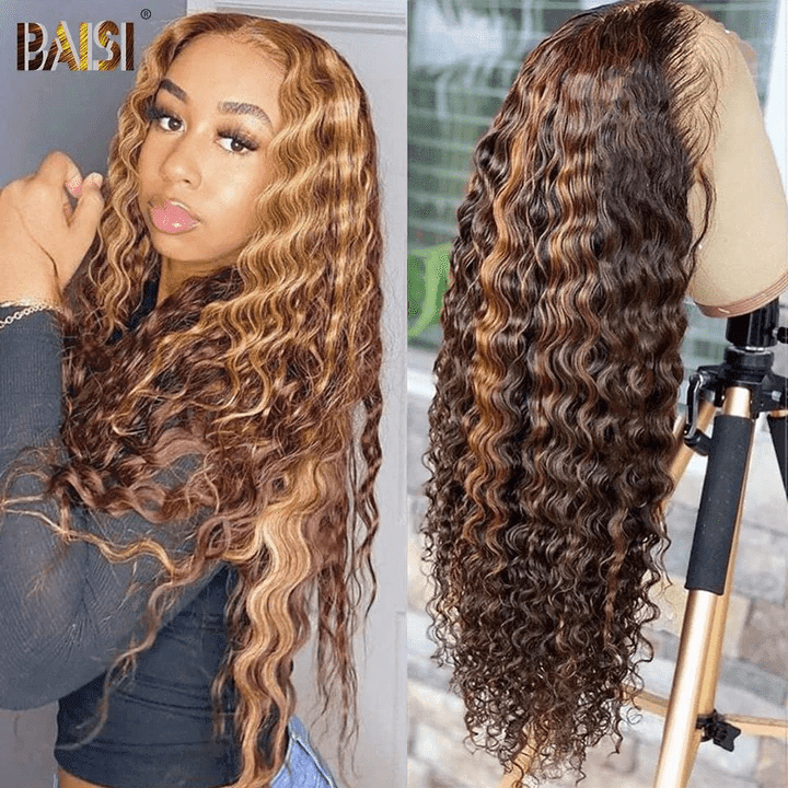 BAISI 13x4 Lace Frontal Perruque Deep Wave Miel #4MIX#27 en 100% Cheveux Humains