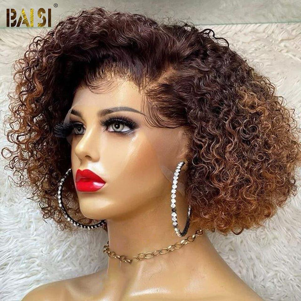 BAISI Perruque LACE FRONTALE pixie curly en 100% Vrais Cheveux Humains Noir