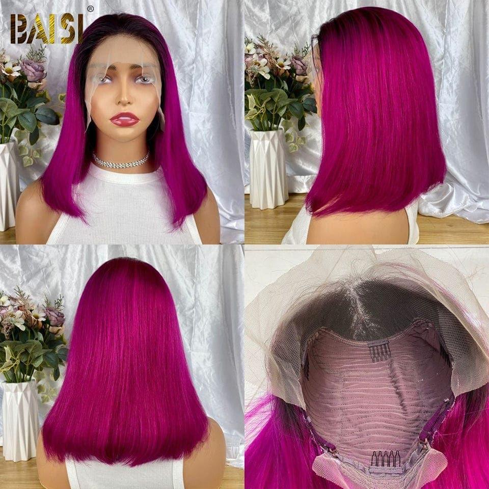 BAISI Achetez 2 perruques minimum au prix d'usine fournisseur 13X4 Lace frontal Perruque lisse NOIR 10 pouce 62€ ou 1B Rose En 100% Cheveux Humains (Pas Besoin de Code)