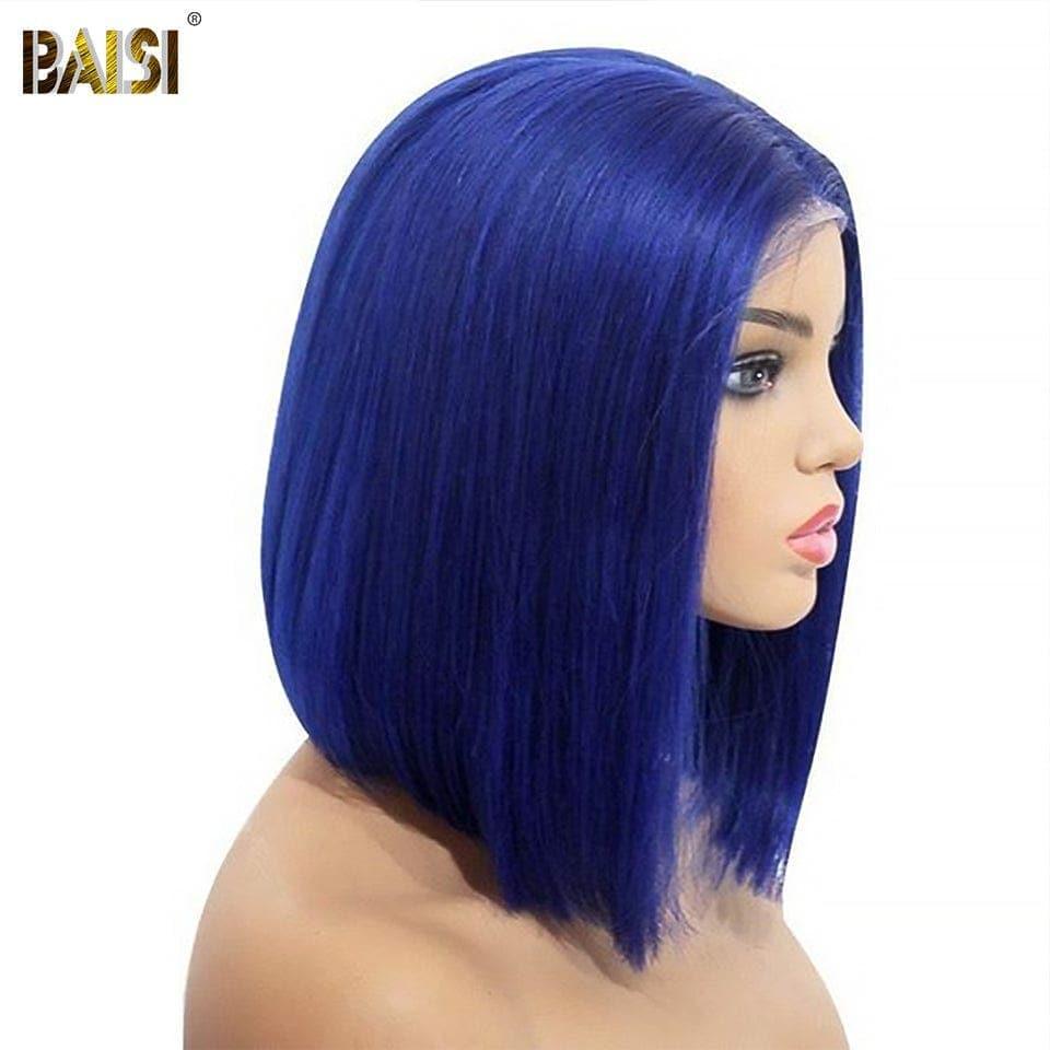 BAISI 13x4 Frontal Perruque Bob Lisse En Bleu Coupe Carrée En 100% Vrais Cheveux Humains