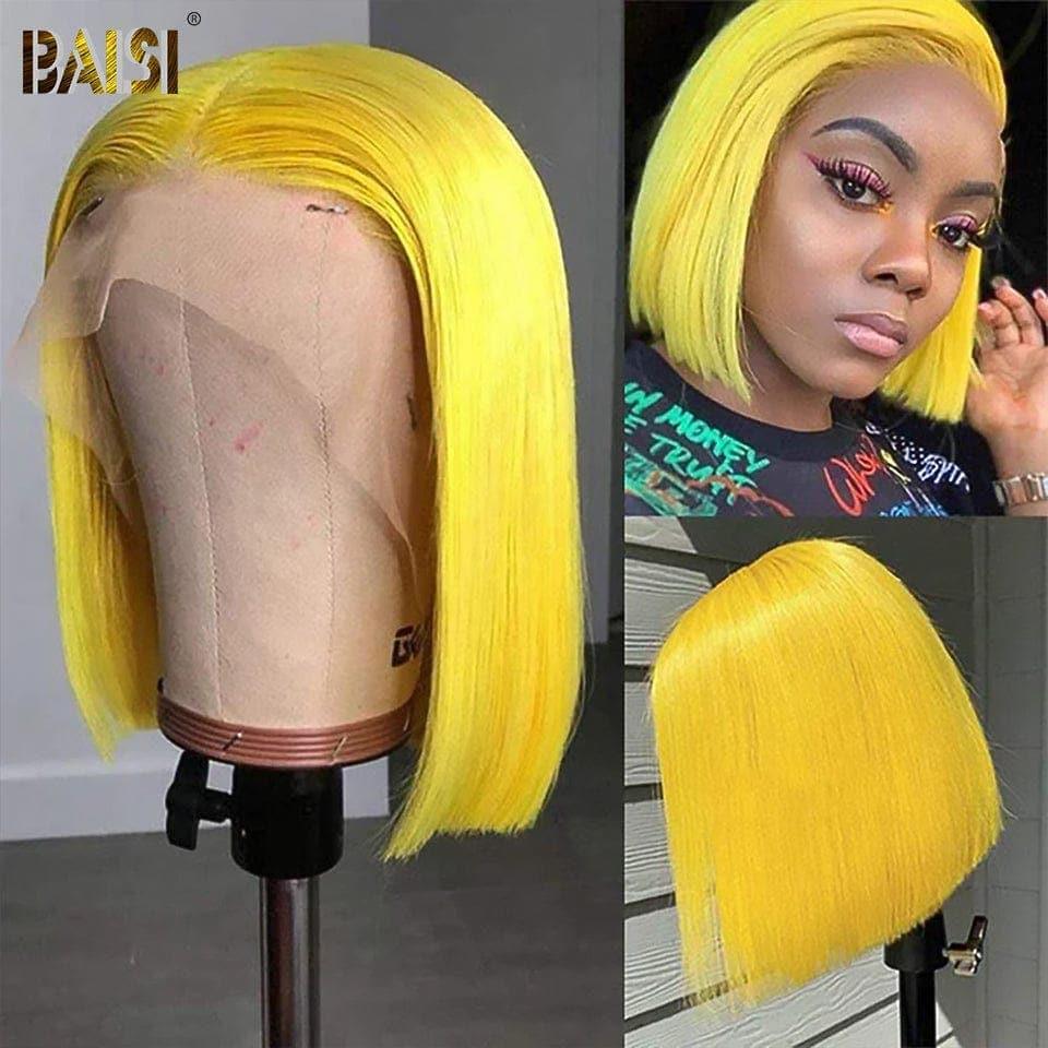 BAISI 13x4 Frontal Perruque Bob Lisse En Jaune Coupe Carrée En 100% Vrais Cheveux Humains
