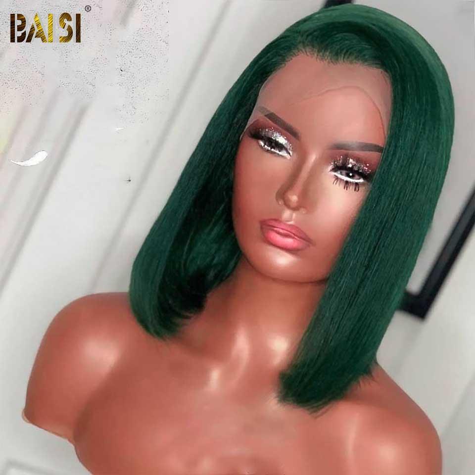 BAISI 13x4 Frontal Perruque Bob Lisse En Vert Emeraude Coupe Carrée En 100% Vrais Cheveux Humains