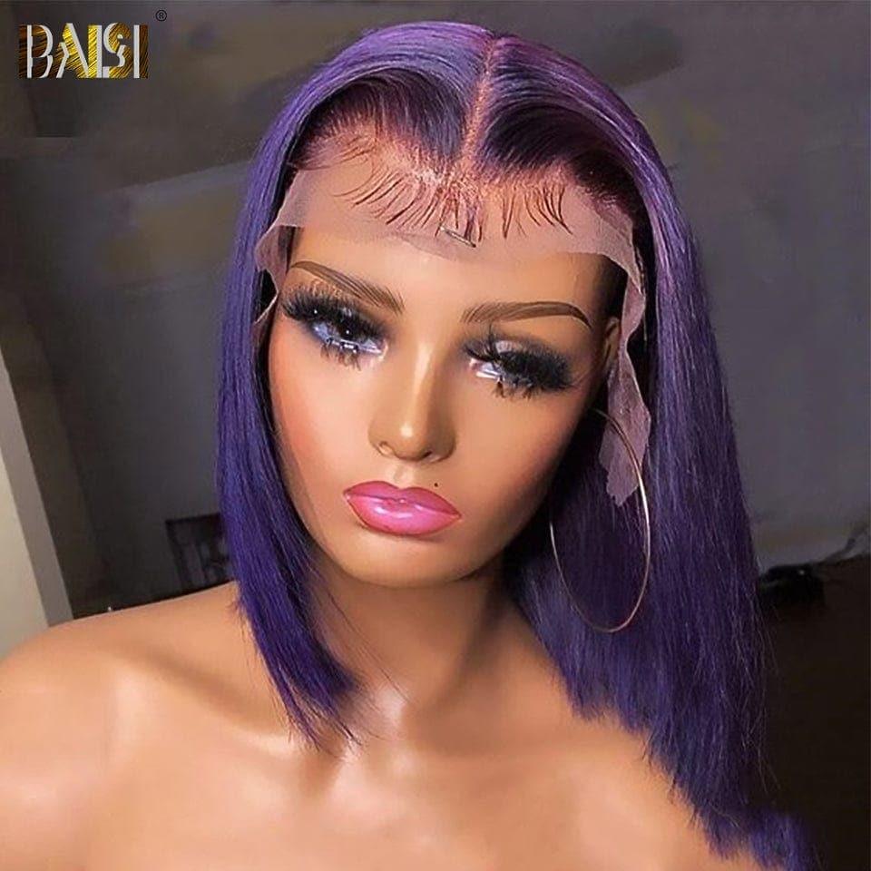 BAISI 13x4 Frontal Perruque Bob Lisse En Violet Coupe Carrée En 100% Vrais Cheveux Humains