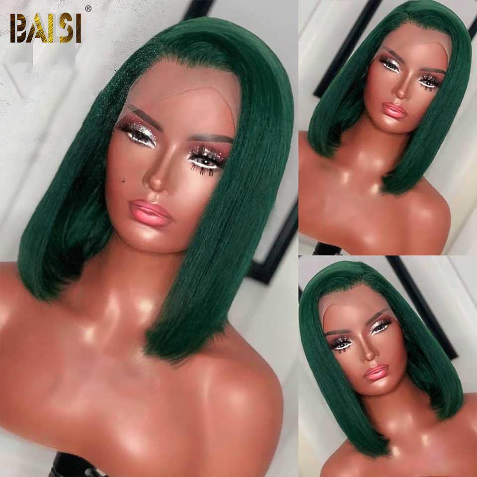 BAISI 13x4 Frontal Perruque Bob Lisse En Vert Emeraude Coupe Carrée En 100% Vrais Cheveux Humains