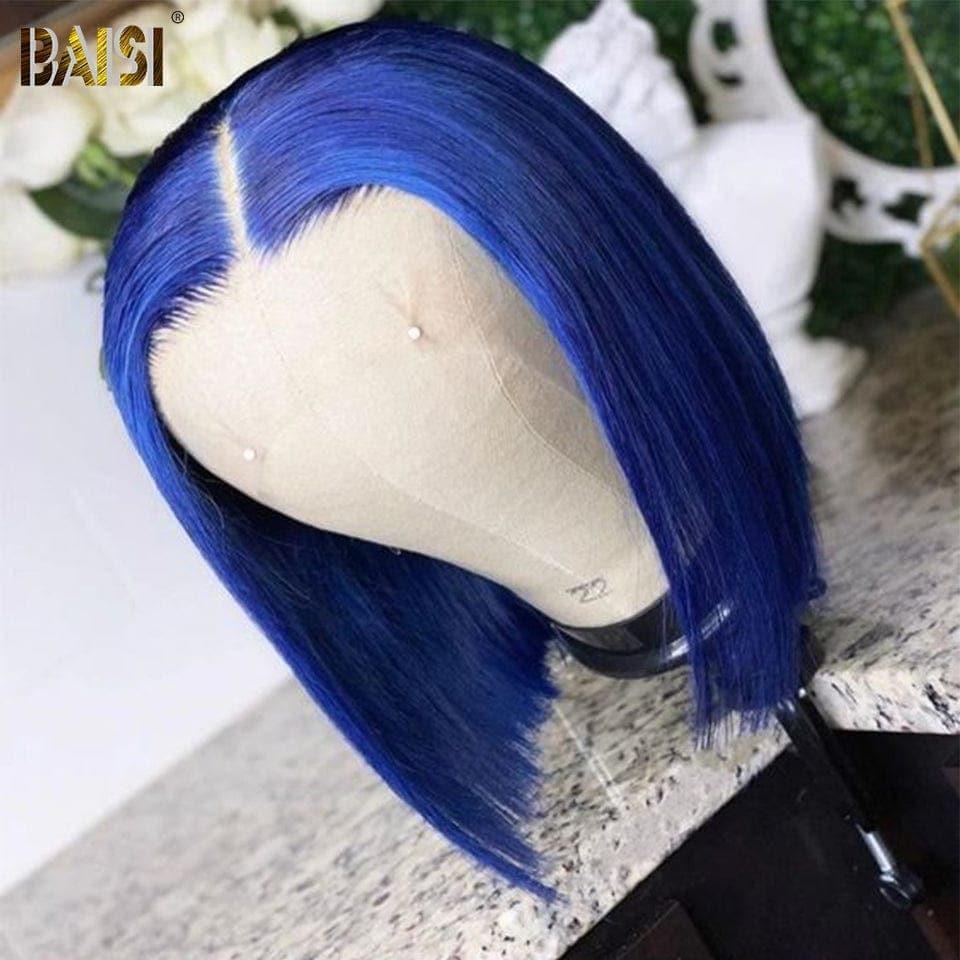 BAISI 13x4 Frontal Perruque Bob Lisse En Bleu Coupe Carrée En 100% Vrais Cheveux Humains