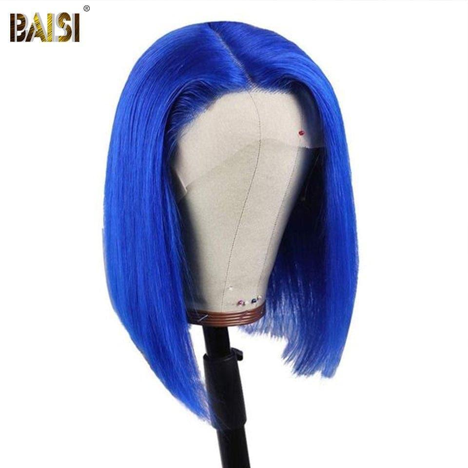 BAISI 13x4 Frontal Perruque Bob Lisse En Bleu Coupe Carrée En 100% Vrais Cheveux Humains