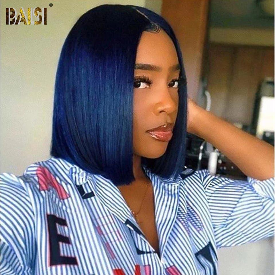 BAISI 13x4 Frontal Perruque Bob Lisse En Bleu Coupe Carrée En 100% Vrais Cheveux Humains