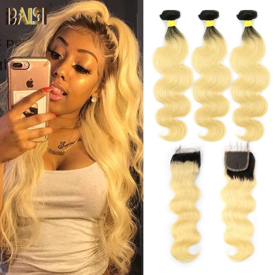 BAISI 10A 100% Cheveux Humains 1B/613# Eurasiens Ondulés Body Wave Blondes Mèche En Lot Closure